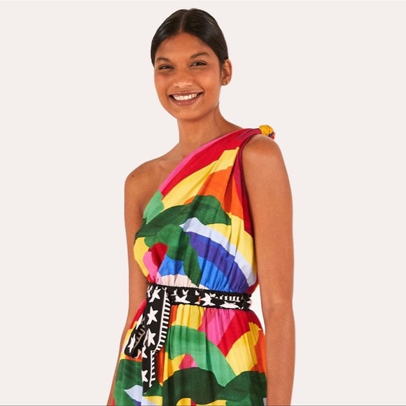 FARM RIO Wide Leg Flowy Jumpsuit One Shoulder Multicolor Print Size L - Picture 2 of 11